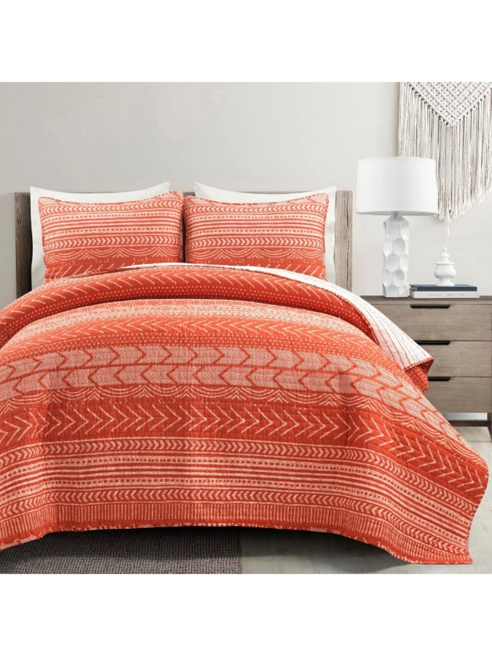 Cozy Reversible King Quilt Set, 3 Piece, Geometric Stripes, Burnt Orange Bedding